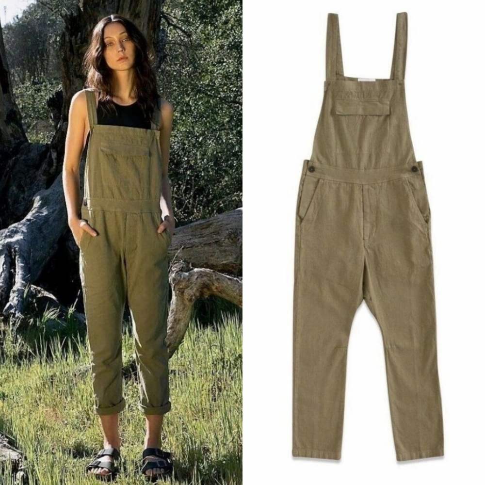 Free People x Seeker Hemp Cotton Canvas Relaxed Overalls Olive Green Size 32/12